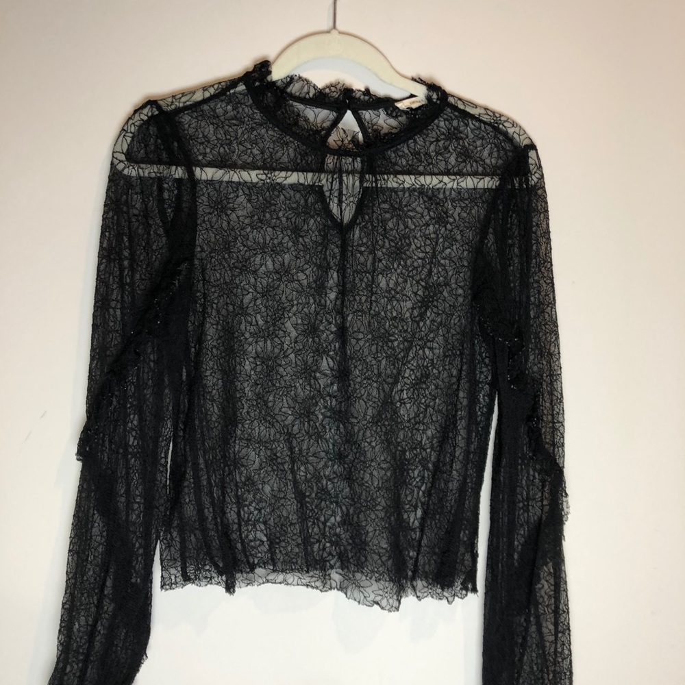 Le Lis Black Lace Ruffle Sheer Shirt